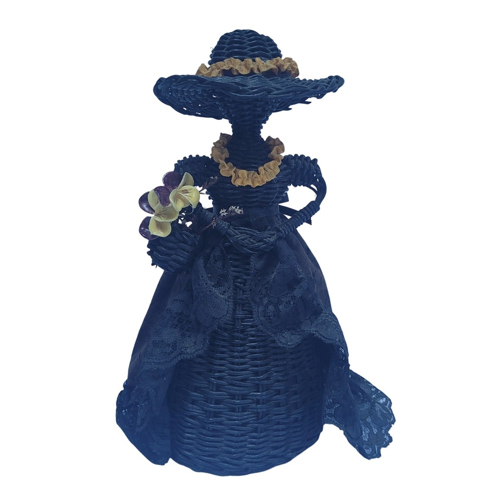 Hawaiian Wicker‎ Lady Figurine Black Dress Wicker Hat Flowers